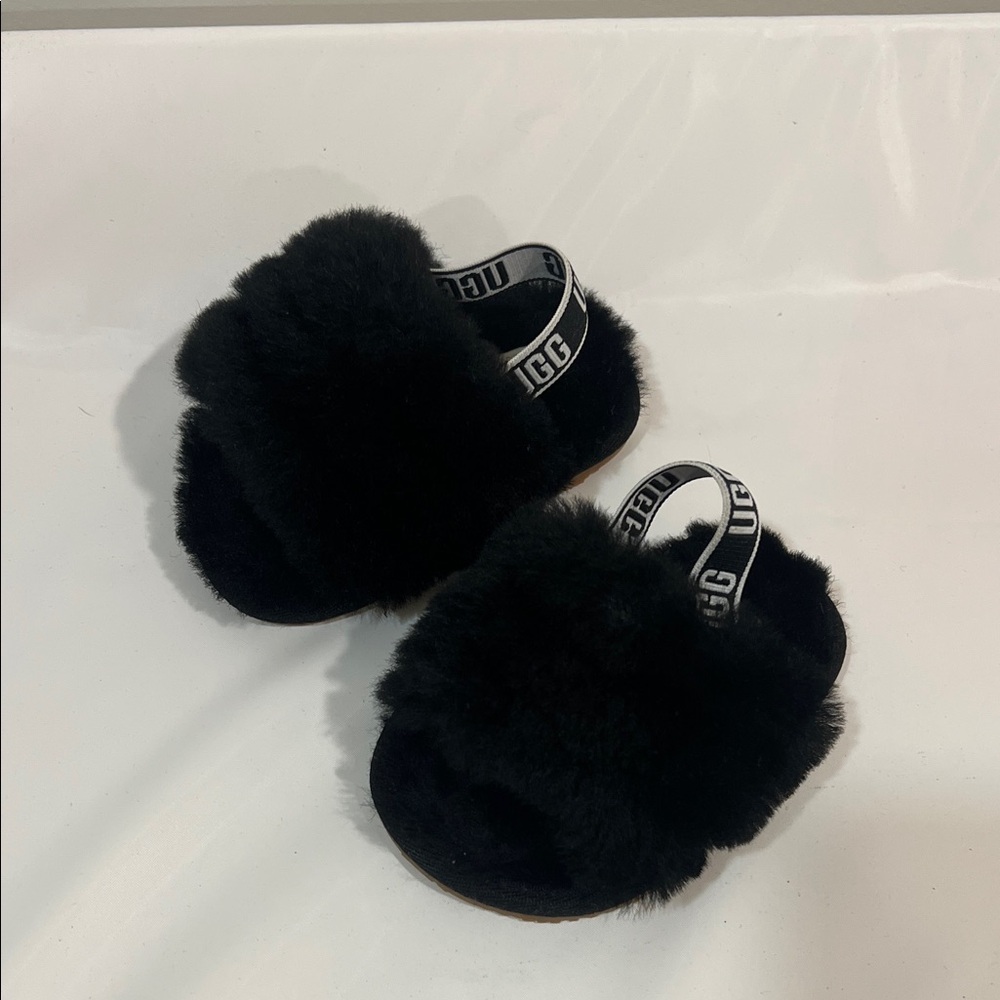 UGG Black Fluffy Slides with Logo Strap